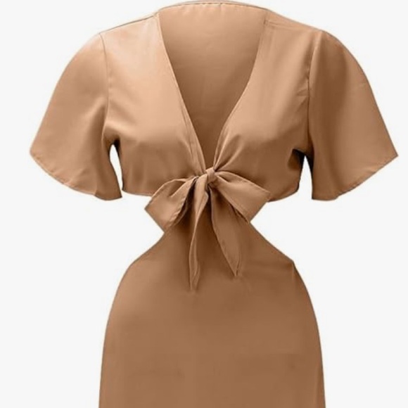 Tan tie front cut out, split hem, short sleeve maxi dress, Large - Picture 13 of 13